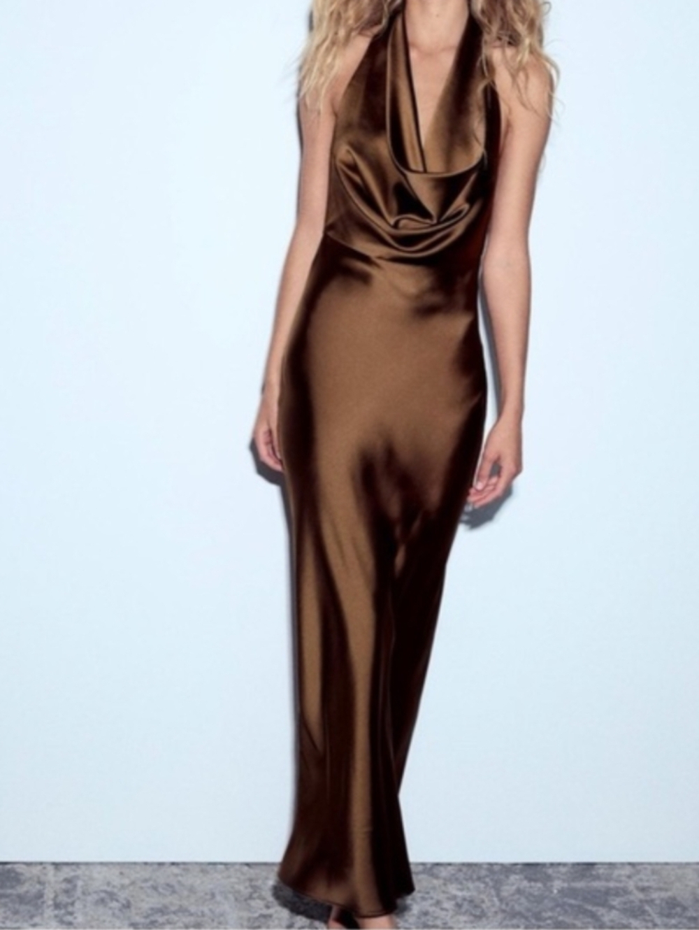 Zara Brown Satin Effect Maxi Dress Size Large Cowl Neck Satin Open Back Draped